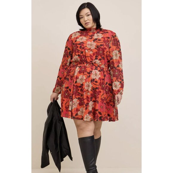 TORRID Mini Clip Dot Blouson Sleeve Dress in Floral Orange Boho Feminine Size 2X - Picture 1 of 14